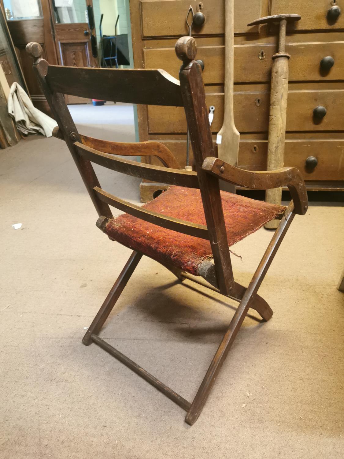 Early 20th. C. oak upholstered folding open armchair. - Image 2 of 2