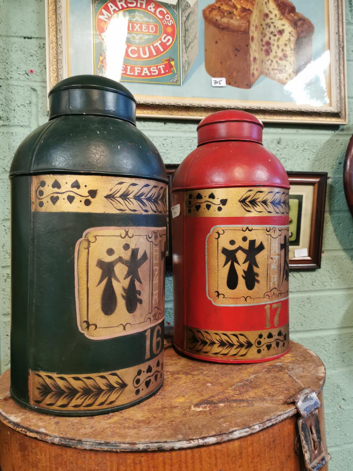 Two hand painted metal tea bins - Image 2 of 2