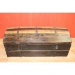 19th C. oak leather bound travelling trunk.