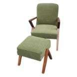 Retro style upholstered easy chair and stool