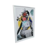 Lady with Parrot coloured print mounted in a white frame