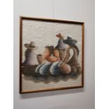 Embroidered family scene mounted in wooden frame {65 cm H x 60 cm W}.