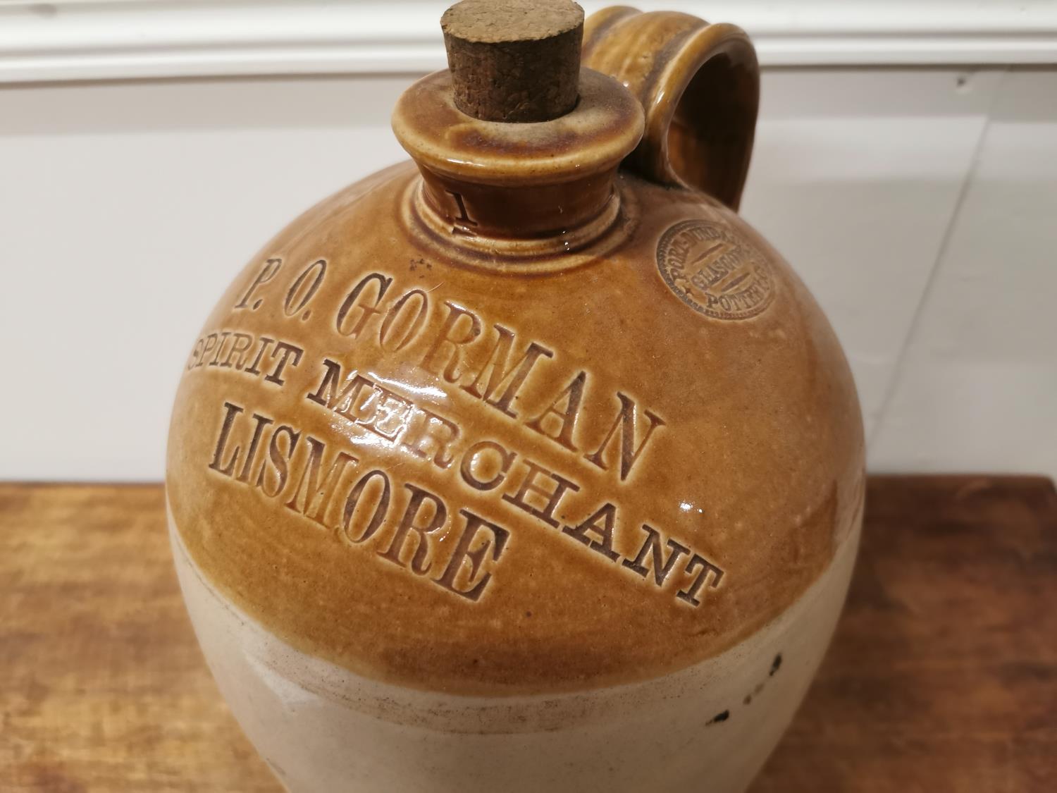 Early 20th C. Gorman Spirit Merchants Lismore stoneware advertising flagon. - Image 3 of 3