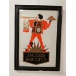 Jacobs Biscuits pictorial Jester glass advertising sign.