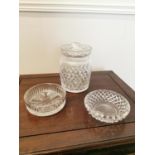 Tipperary cut crystal biscuit barrel and two ashtrays.