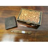 19th C. photo frame purse, carved box and two pencils.