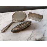 English silver hand mirror, brush and clip box.