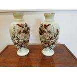 Pair of hand painted coloured glass vases.