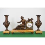 19th C. Bronze and marble three piece clock garniture .