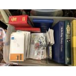 CRATE CONTAINING STAMP RELATED ITEMS, WORLD POSTAGE STAMPS, GB COLLECTION, BAG OF FIRST DAY COVERS,