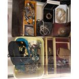 LARGE SELECTION OF COSTUME JEWELLERY INCLUDING BROOCHES, WATCHES, NECKLACES, COINS,