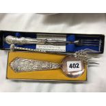 TWO CASED SHEFFIELD SILVER AND SILVER HANDLED FORKS AND A STERLING SILVER SPOON