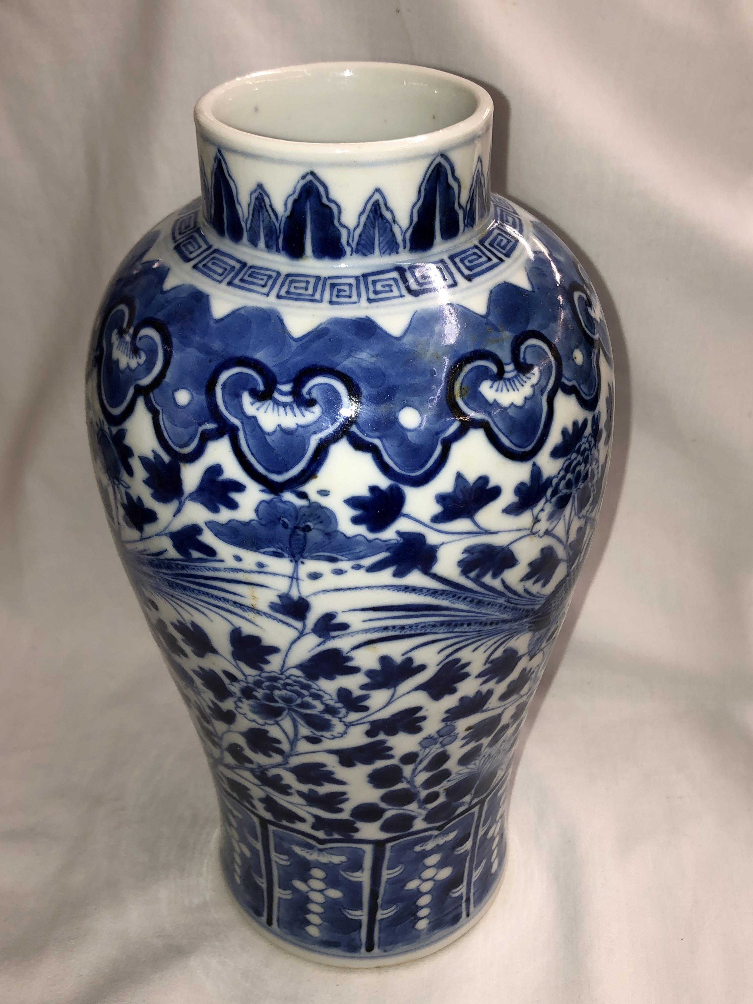 CHINESE BLUE AND WHITE BALUSTER VASE DECORATED WITH FANCIFUL BIRDS AMIDST FOLIAGE, - Image 2 of 6