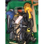 GREEN CARTON CONTAINING POWER DRILL, INSPECTION LAMP, MITRE CUTTING BLOCKS,