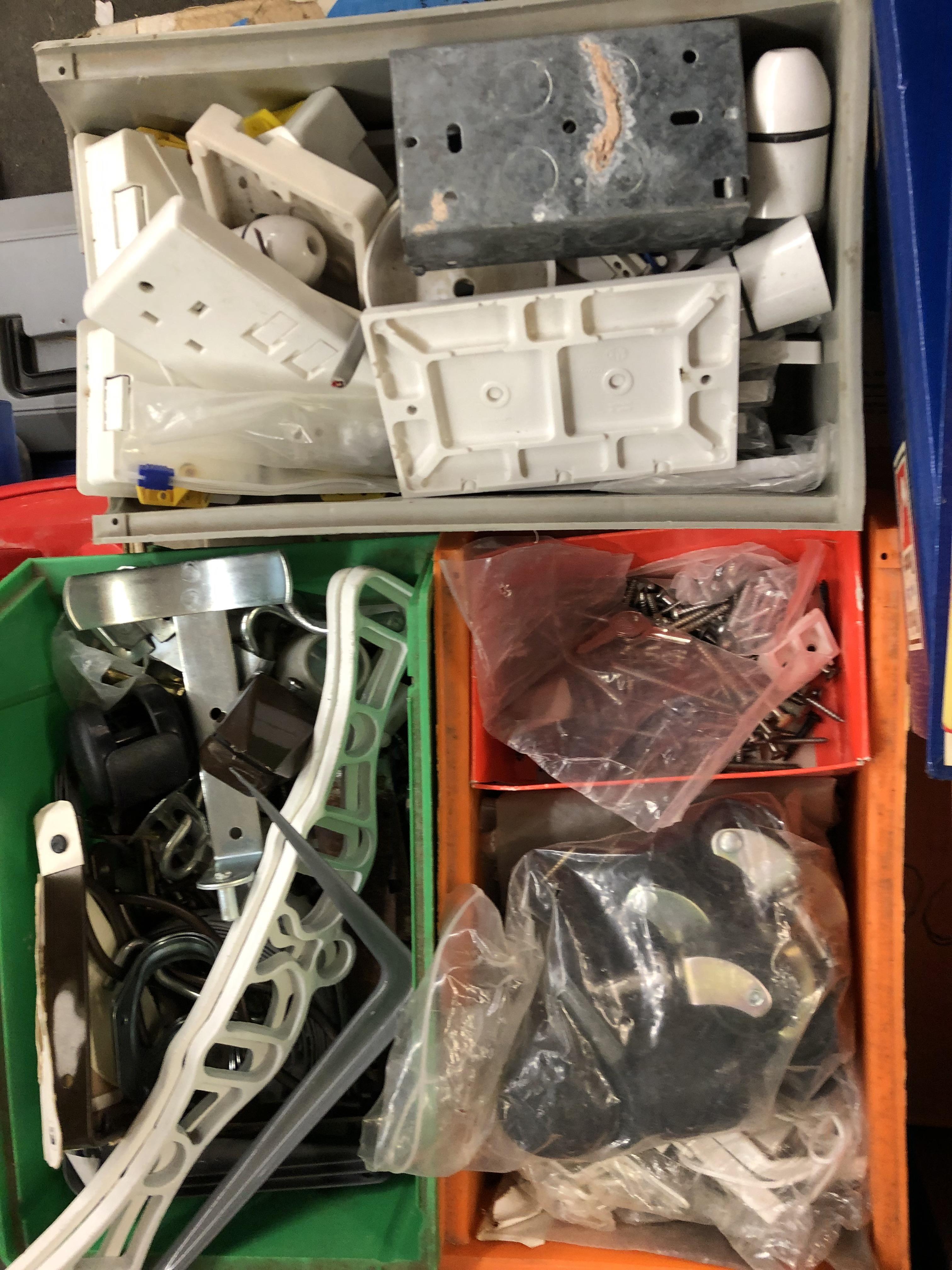 THREE TUBS OF MISCELLANEOUS IRONMONGERY INCLUDING PATTRESSES, CASTORS, BRACKETS, - Image 3 of 3