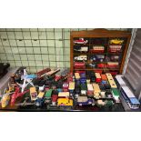 CABINET OF DIECAST MODELS - BUSES AND COACHES AND UNBOXED VINTAGE STYLE CARS AND WAGONS