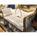 FRENCH LOUIS XVI REVIVAL GILTWOOD UPHOLSTERED SHOWWOOD FRAMED THREE PIECE SUITE WITH BOLSTER