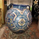 LARGE CONTINENTAL FAIENCE POTTERY TWIN HANDLED VASE 35CM H X 15CM DIA ACROSS THE RIM APPROX