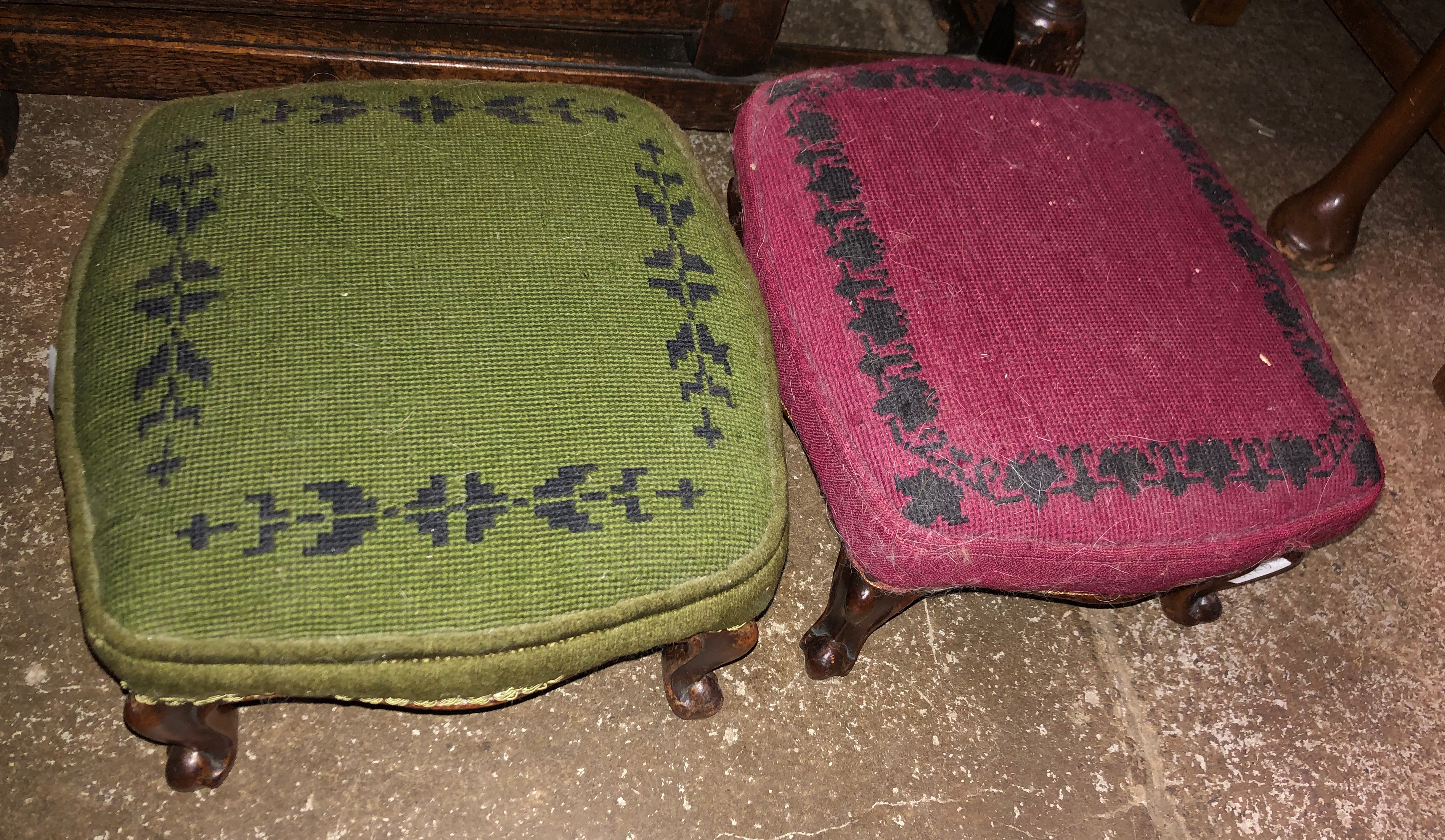 PAIR OF VICTORIAN WALNUT CABRIOLE LEG SQUAT FOOTSTOOLS