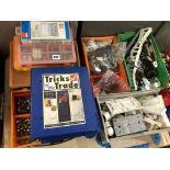 THREE TUBS OF MISCELLANEOUS IRONMONGERY INCLUDING PATTRESSES, CASTORS, BRACKETS,
