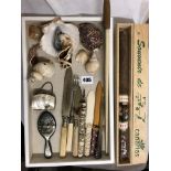 MOTHER OF PEARL PURSE, SELECTION OF SEASHELLS, SELECTION OF KNIVES INCLUDING LETTER OPENERS,