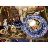 CARTON CONTAINING BLUE AND WHITE BOWLS, BRASS CANDLESTICKS, CARVED FIGURES,