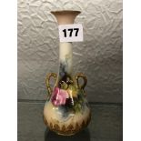 ROYAL WORCESTER GILDED TWIN HANDLED ROSE PAINTED SPILL VASE,