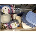 CRATE OF ASSORTED TUPPERWARE AND CARBON MONOXIDE ALARMS