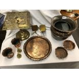 COPPER REPOUSSE SPITTOON ON TRAY AND A PAIR OF FLARED COPPER POTS ON TRAYS, BRASS PEDESTAL TRIVET,