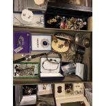 SHOEBOX OF COSTUME JEWELLERY INCLUDING NECKLACES, BROOCHES, EARRINGS,