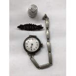 SILVER BACKED WRIST WATCH ON BASE METAL BRACELET,