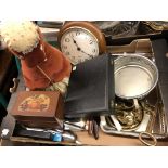 CARTON CONTAINING CUTLERIES, SMALL BRASSWARE, QUARTZ CLOCK,