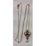 9CT GOLD TRACE CHAIN AND UNMARKED AMETHYST AND PEARL DROPPER PENDANT 48CM APPROX 1.