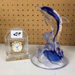 CRISTAL D'ARQUES BLUE TINGED LEAPING DOLPHIN AND WATERFORD QUARTZ MANTEL TIMEPIECE