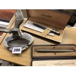 BASE METAL BIRD PRESENTATION ASHTRAY AND ANGLING TROPHY,