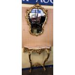 GILTWOOD AND SIMULATED MARBLE TOPPED CONSOLE TABLE WITH GILTWOOD CARTOUCHE MIRROR