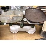 ENAMEL KITCHEN SCALES AND TWO SETS OF WEIGHTS