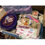 TAPESTRY NEEDLEWORK BOX, VARIOUS BOXES OF WOOL, COSTUME DOLLS,