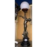 ART DECO STYLE BRONZED EFFECT FIGURAL TABLE LAMP WITH GLOBULAR SHADE (THREE FINGERS MISSING)