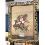 OIL ON BOARD STILL LIFE VASE OF FLOWERS IN ACANTHUS GILT FRAME