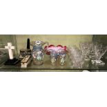 SHELF CONTAINING SQUARE BASED OGEE RUMMERS, GLASS TUMBLERS, CARNIVAL GLASSWARE,