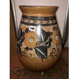 POTTERY VASE DECORATED IN MUTED COLOURS WITH BIRDS AND LEAVES 48CM H X 22.