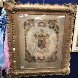 NEEDLEWORK HERALDIC CREST IN GILT FRAME A/F