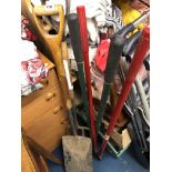 BORDER SPADE AND FORK AND TWO PAIRS OF GARDEN SHEARS