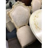 CREAM AND GILDED PEDESTAL CIRCULAR DINING TABLE AND FOUR UPHOLSTERED CHAIRS