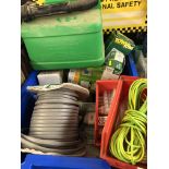 BLUE TUB OF ELECTRICAL RELATED IRONMONGERY INCLUDING TWIN AND EARTH CABLE, CABLE CLIPS, LIGHTBULBS,