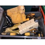 CARTON OF GOOD TOOLS INCLUDING A WORKMAN'S BELT, GLOVES, VARIOUS SAWS, QUICK GRIPS,