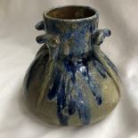 ARTS AND CRAFTS POTTERY SQUAT BULBOUS VASE WITH BLUE FIRED DRIP GLAZE, UNDERSIDE INCISED C.
