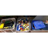 THREE CLEAR CRATES OF VARIOUS LEGO BUILDING BRICKS AND CRAZY CONTRAPTIONS BOOKS