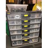 STANLEY MULTI DRAWER CHEST OF VARIOUS IRONMONGERY AND A TUPPERWARE BOX OF VARIOUS DRILL BITS